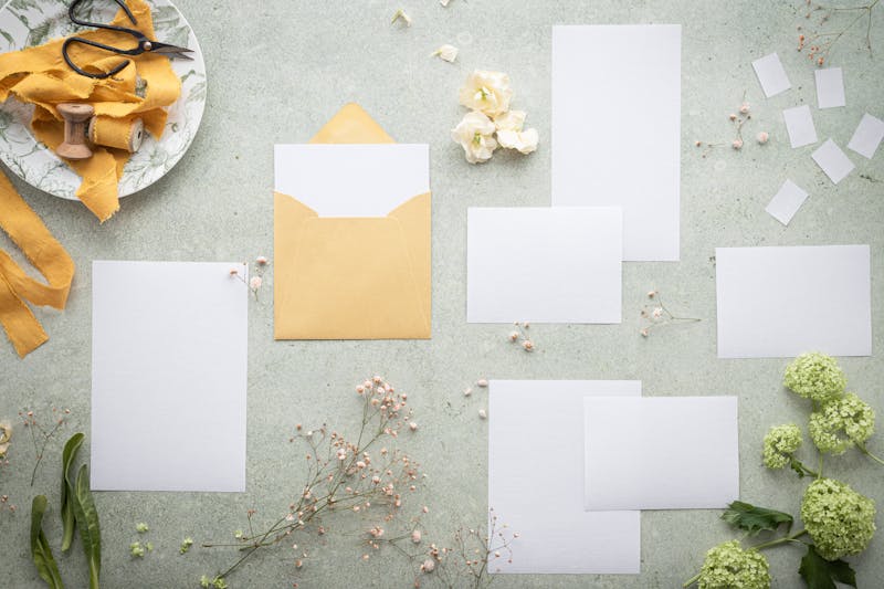 Elegant wedding invitation displayed on a linen surface alongside calligraphy pen, wax seal, and dried eucalyptus sprig